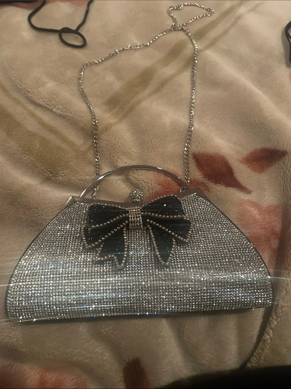 Crystal Embellished Silver Evening Clutch with Black Bow